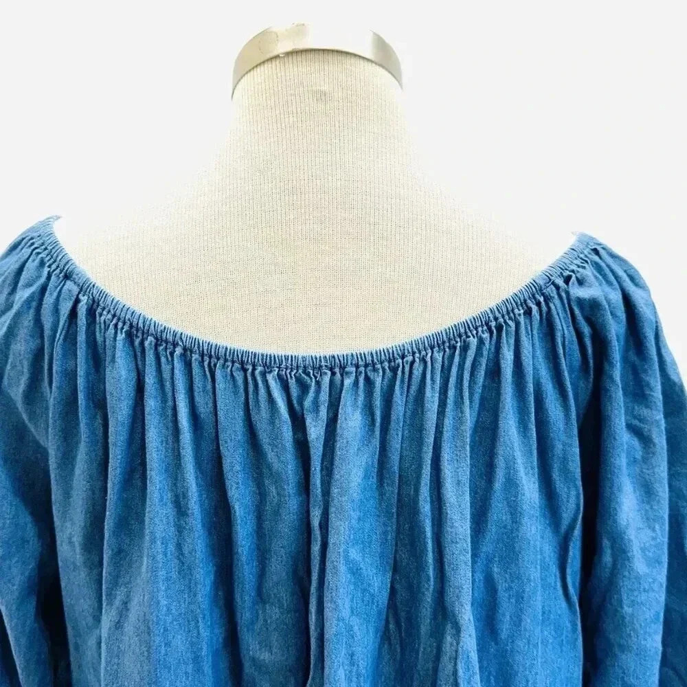 Women 3/4 Sleeve Pull Over Off the Shoulder Pom-Pom Blue Tunic Shirt Size Large - Picture 5 of 11